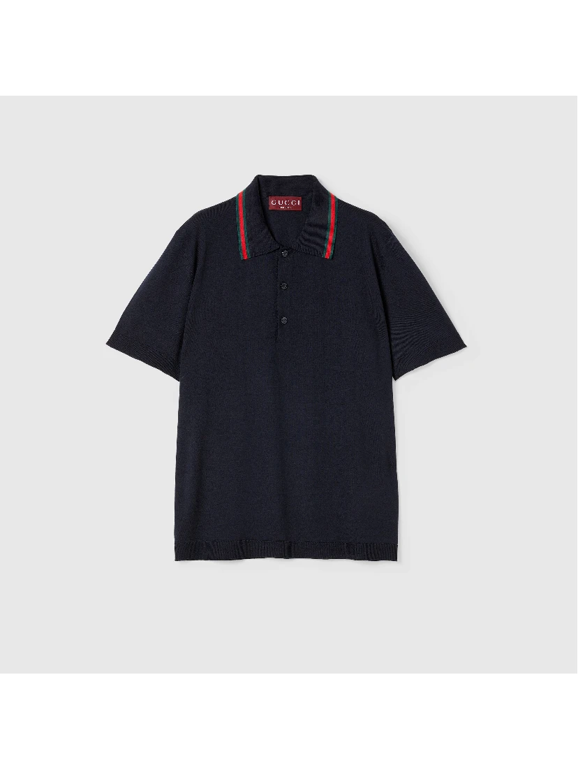 Wool knit polo shirt with Web detail