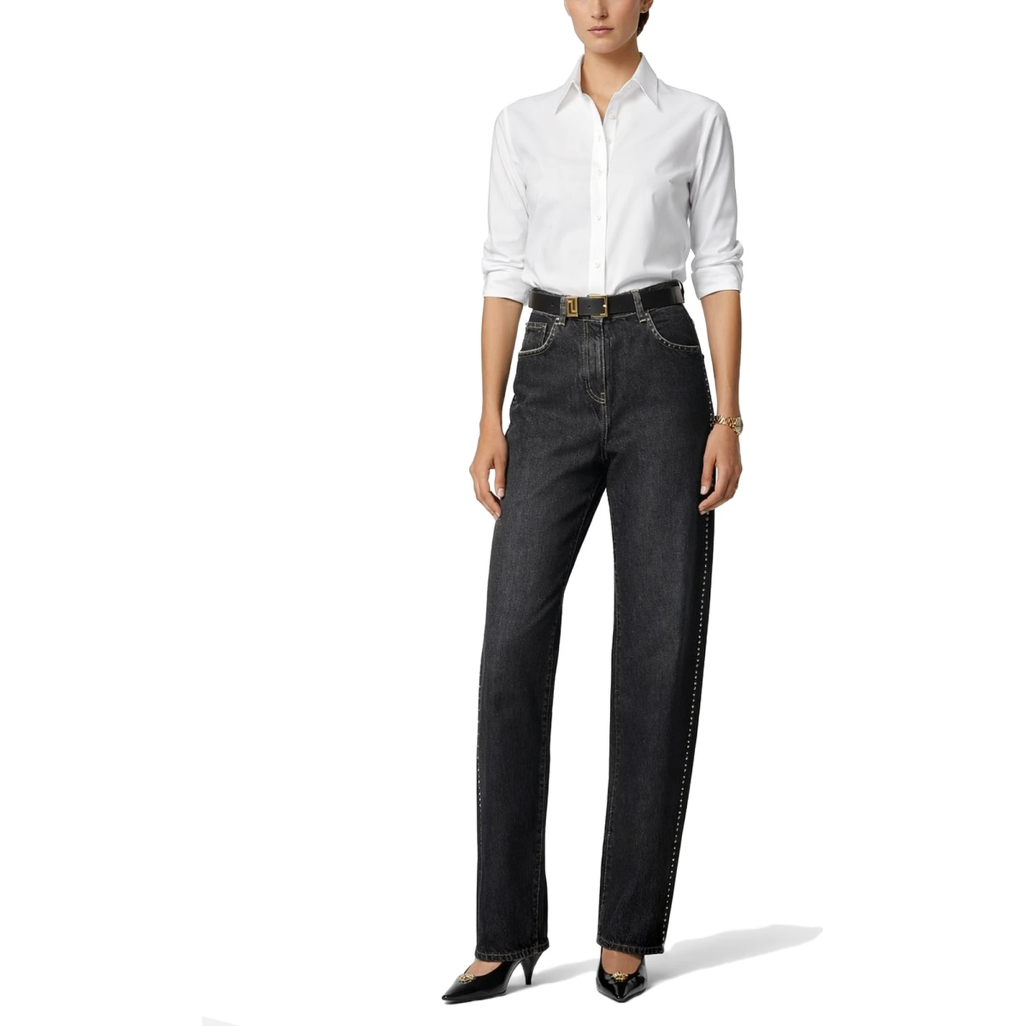 JEANS WITH STUDS AND CRYSTALS DECORATION