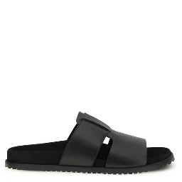 Black Calf Leather Bos Taurus Flat Sandals