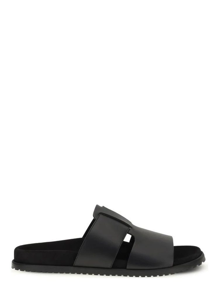 Black Calf Leather Bos Taurus Flat Sandals