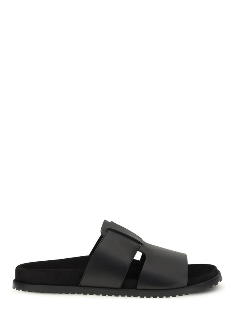 Black Calf Leather Bos Taurus Flat Sandals