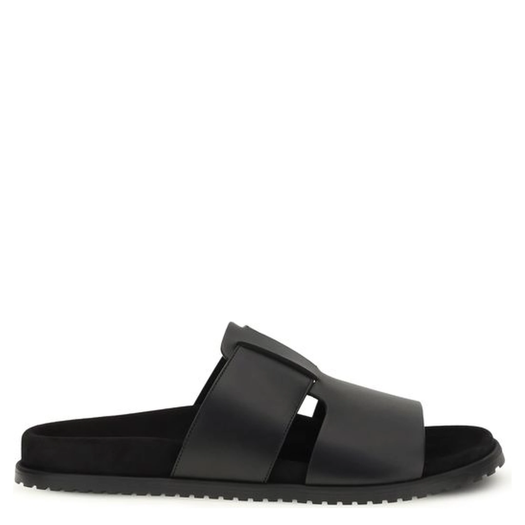 Black Calf Leather Bos Taurus Flat Sandals