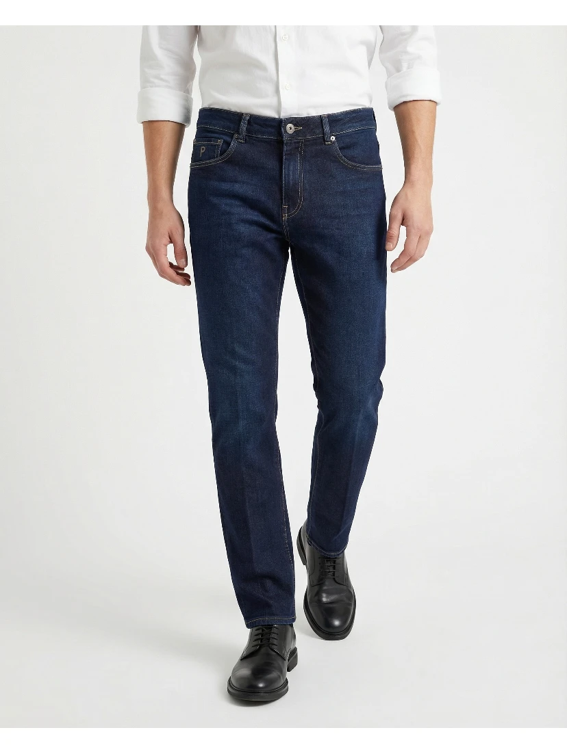 Navy Blue Cotton Straight-Leg Jeans