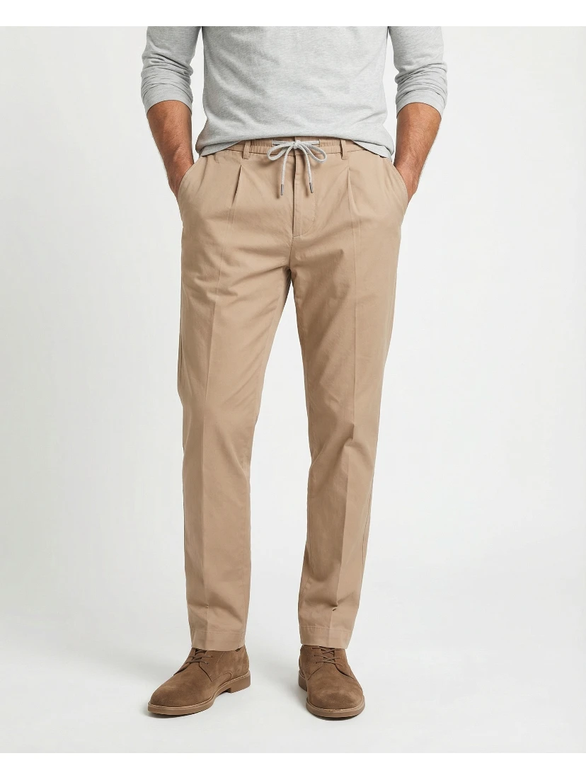 Beige Cotton Casual Pants
