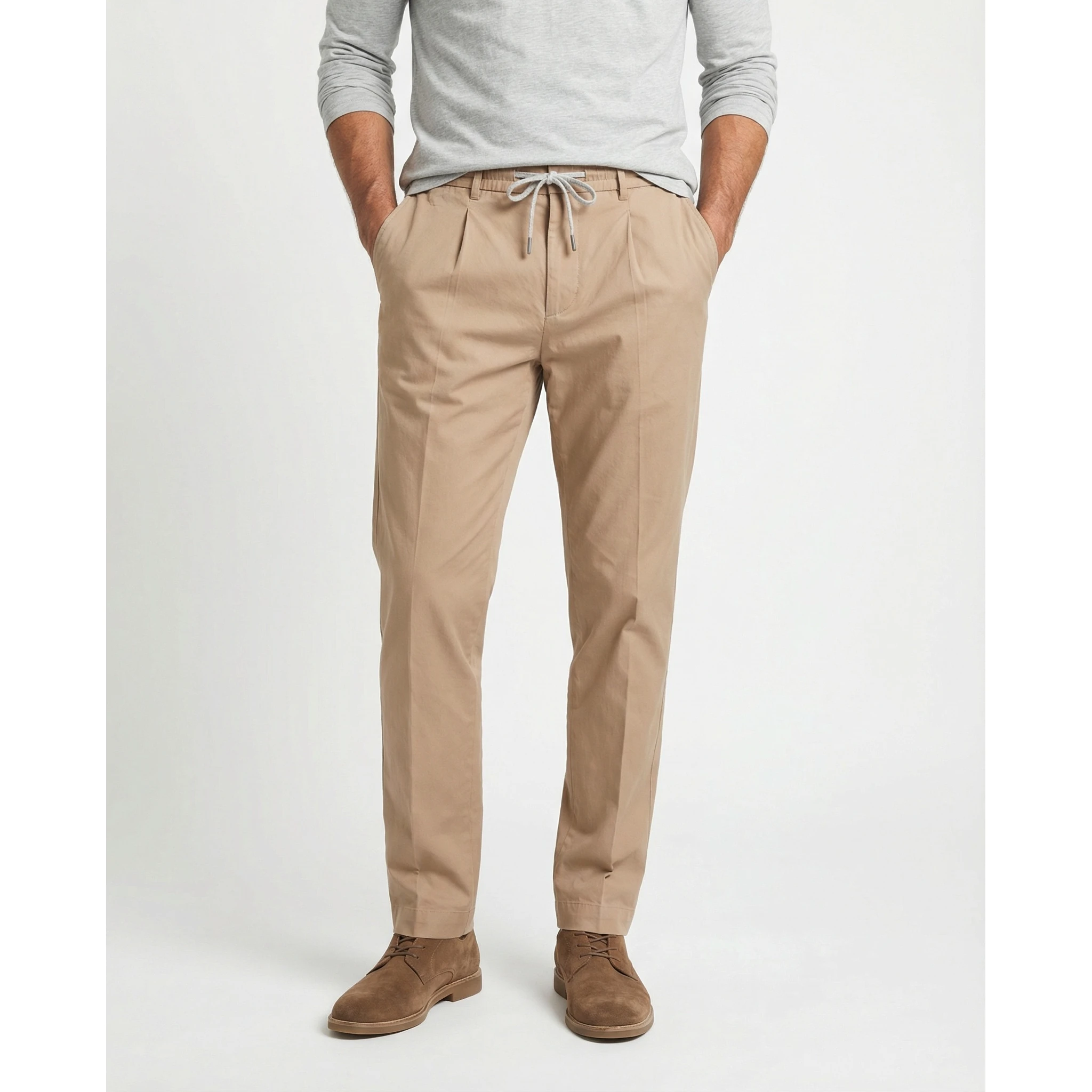 Beige Cotton Casual Pants