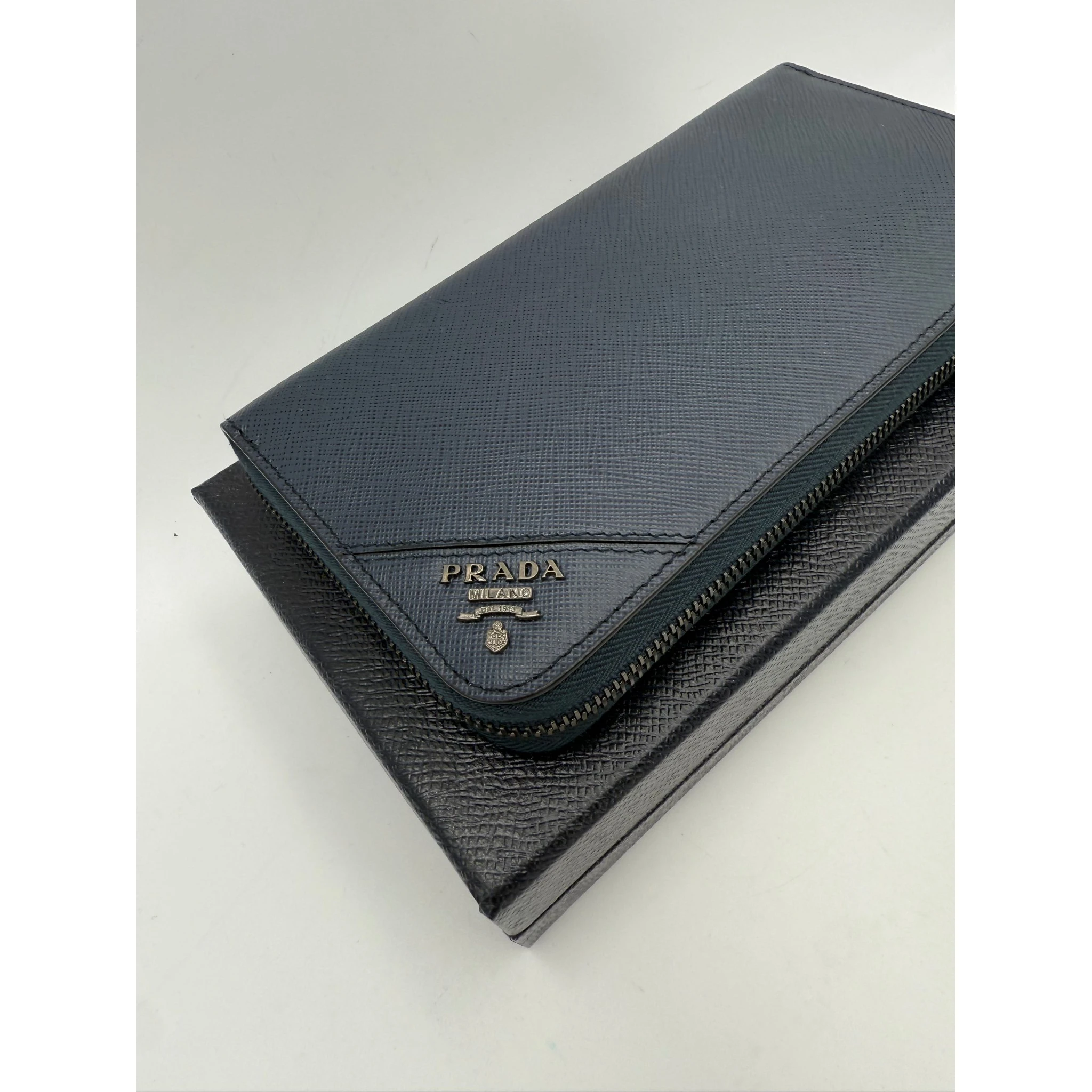 PRADA Zip in Blue Saffiano Wallet