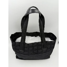 CHANEL Shopping Black Leather and Fabric Tote Bag