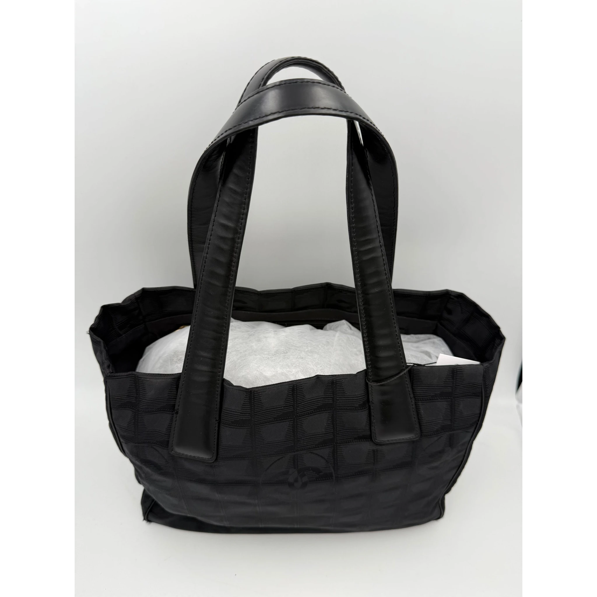 CHANEL Shopping Black Leather and Fabric Tote Bag