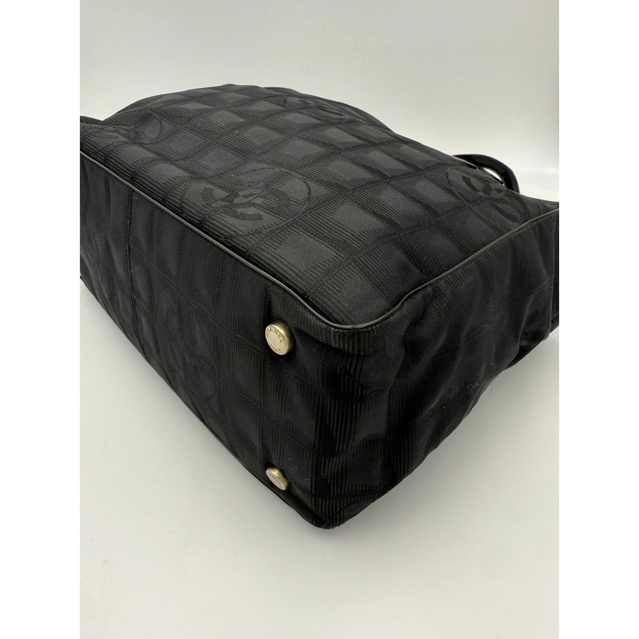 CHANEL Shopping Black Leather and Fabric Tote Bag