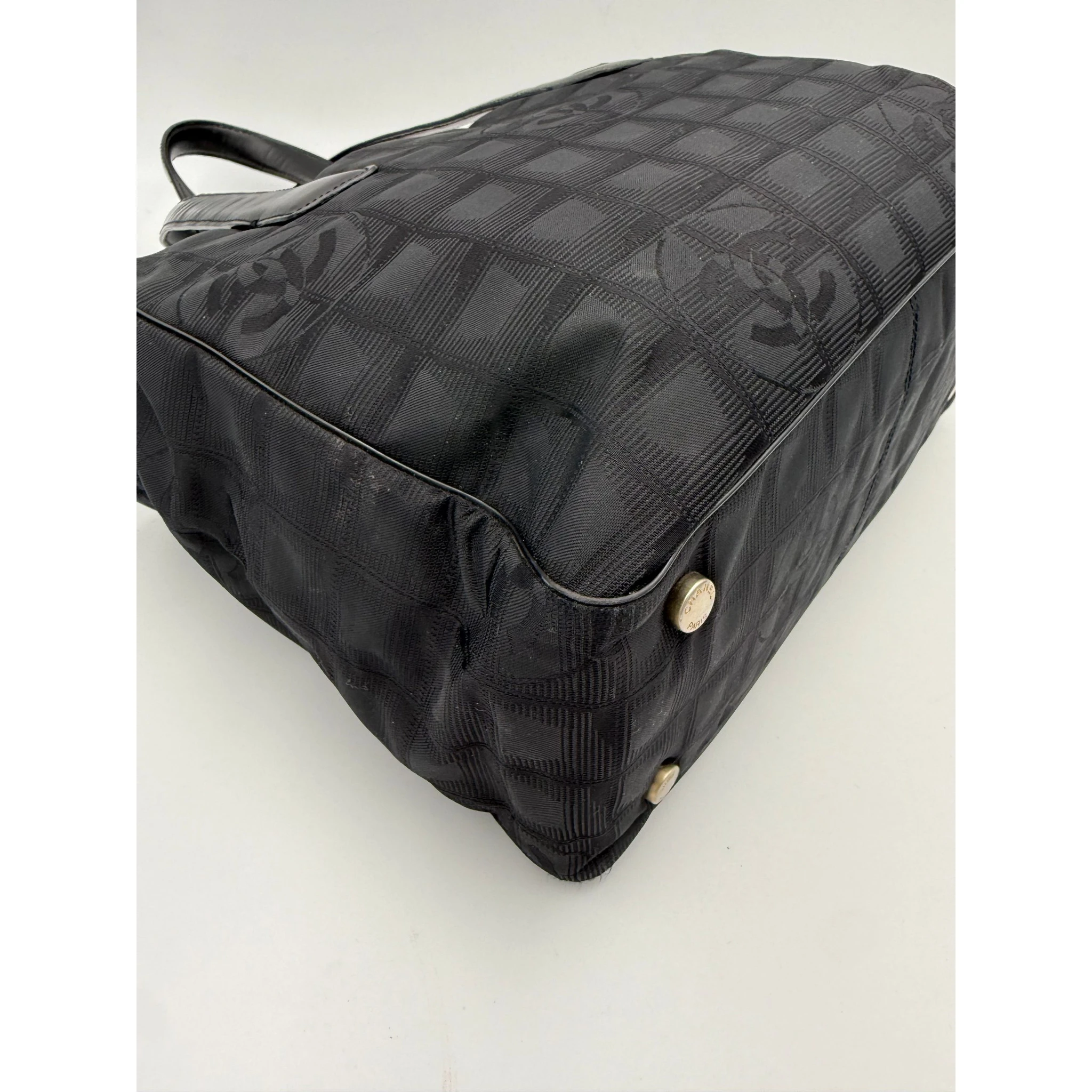 CHANEL Shopping Black Leather and Fabric Tote Bag