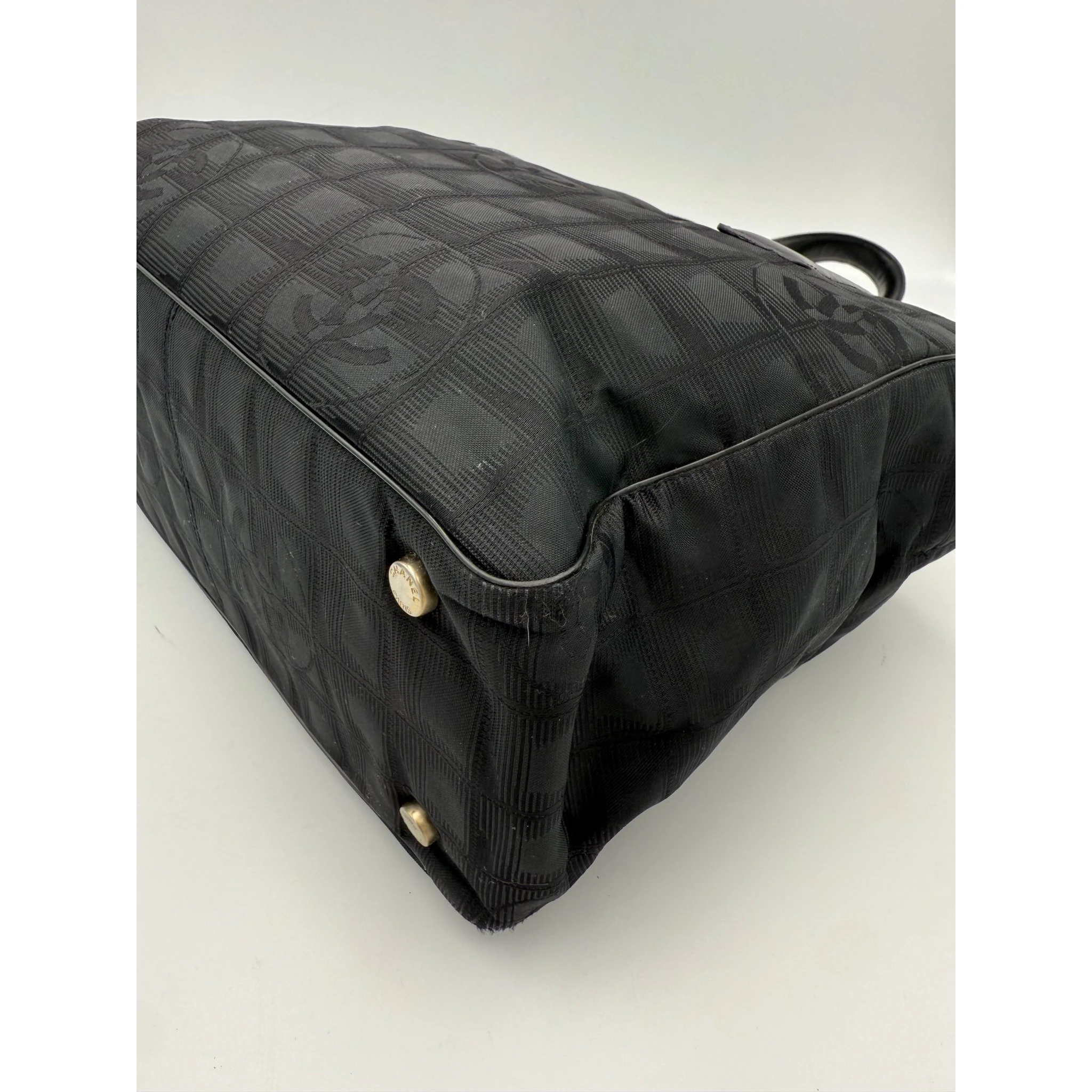 CHANEL Shopping Black Leather and Fabric Tote Bag