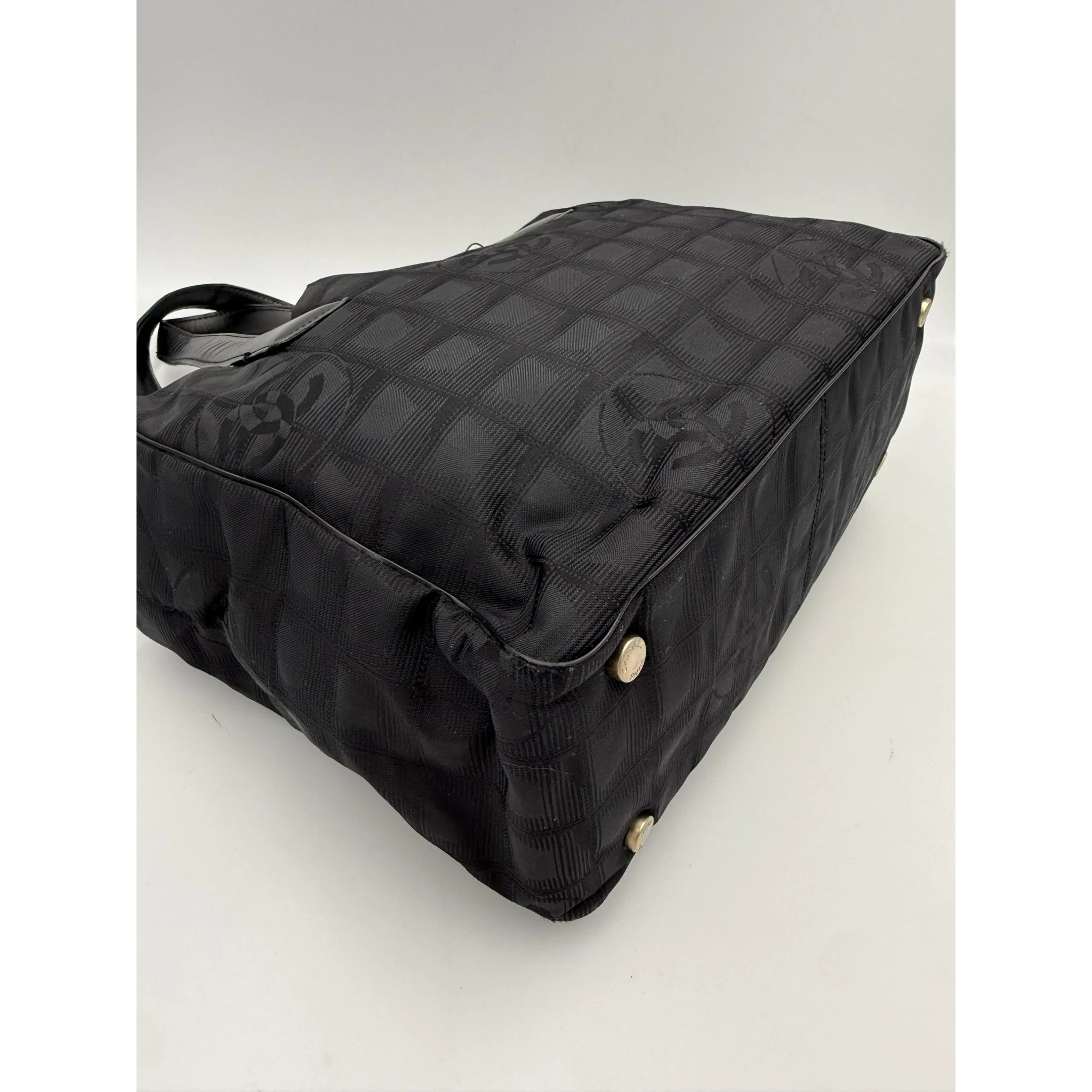 CHANEL Shopping Black Leather and Fabric Tote Bag