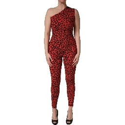 Black Red Nylon Leopard Pattern Jumpsuit