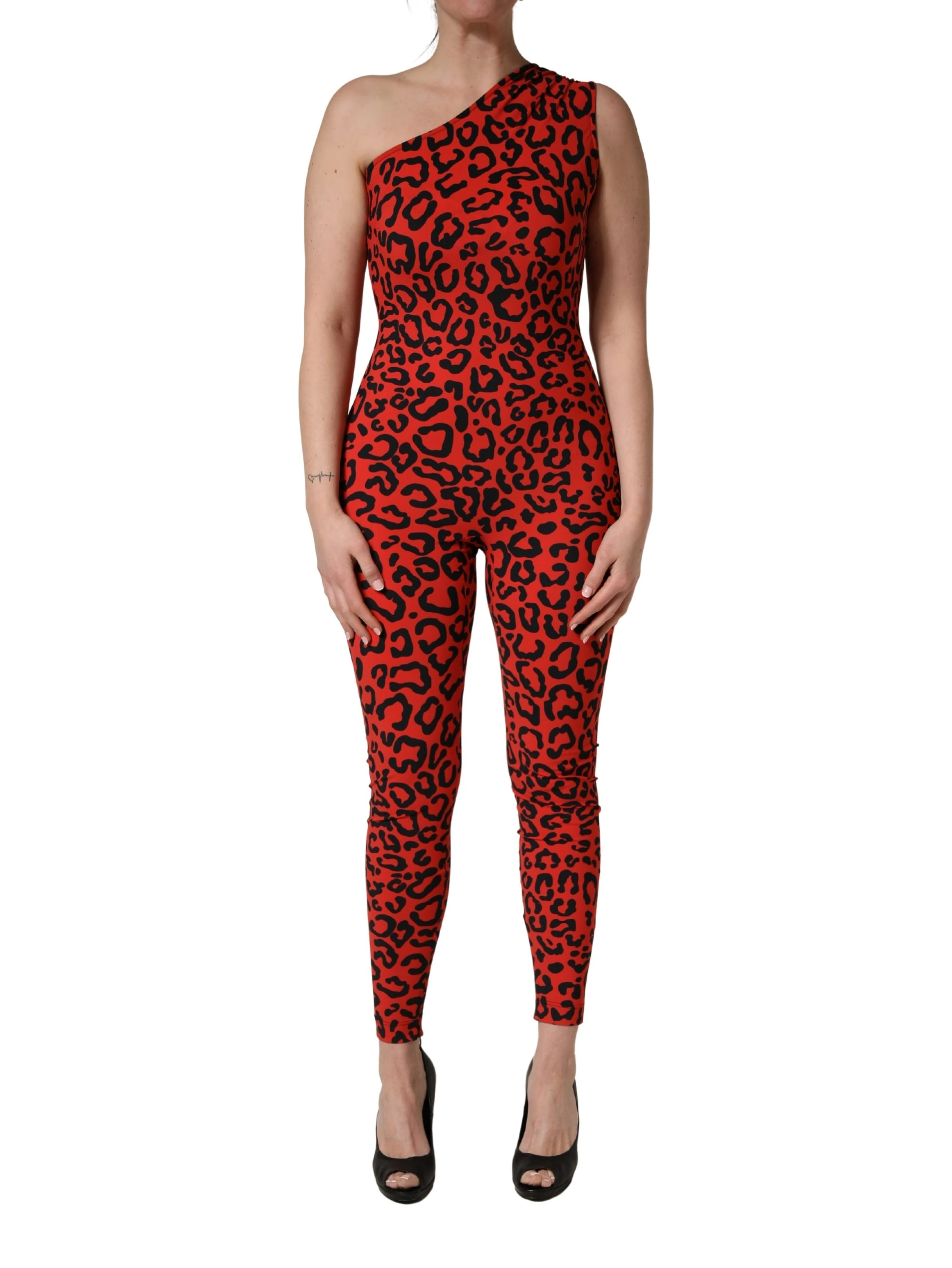 Black Red Nylon Leopard Pattern Jumpsuit