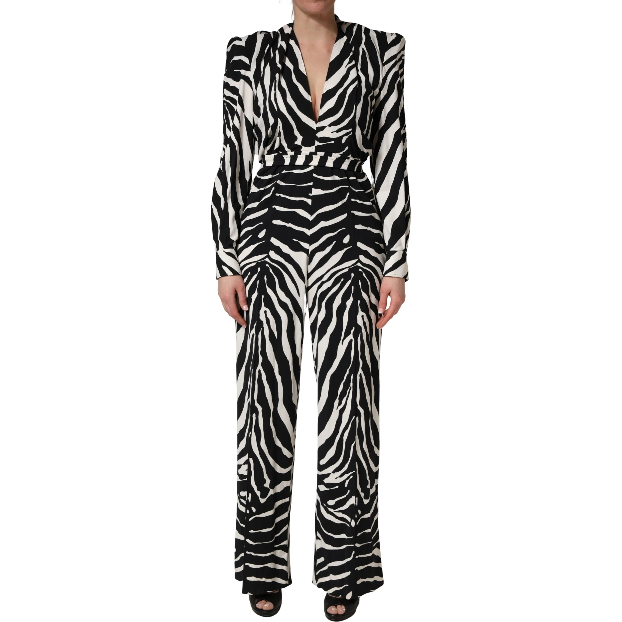 Black White Viscose Zebra Pattern Jumpsuit