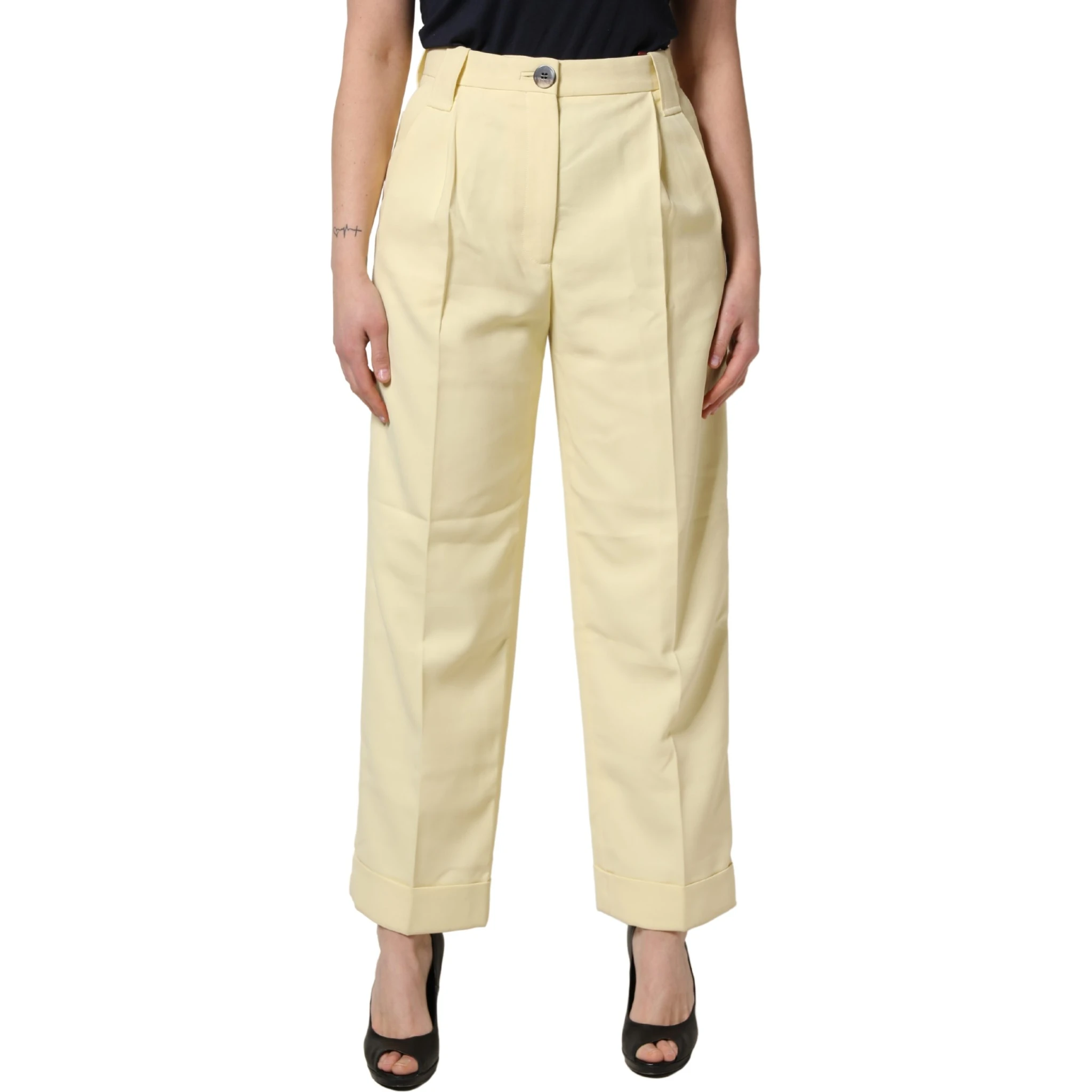 Yellow High Waisted Straight Pleated Trouser Pants