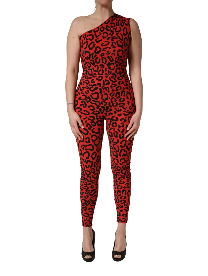 Black Red Nylon Leopard Pattern Jumpsuit
