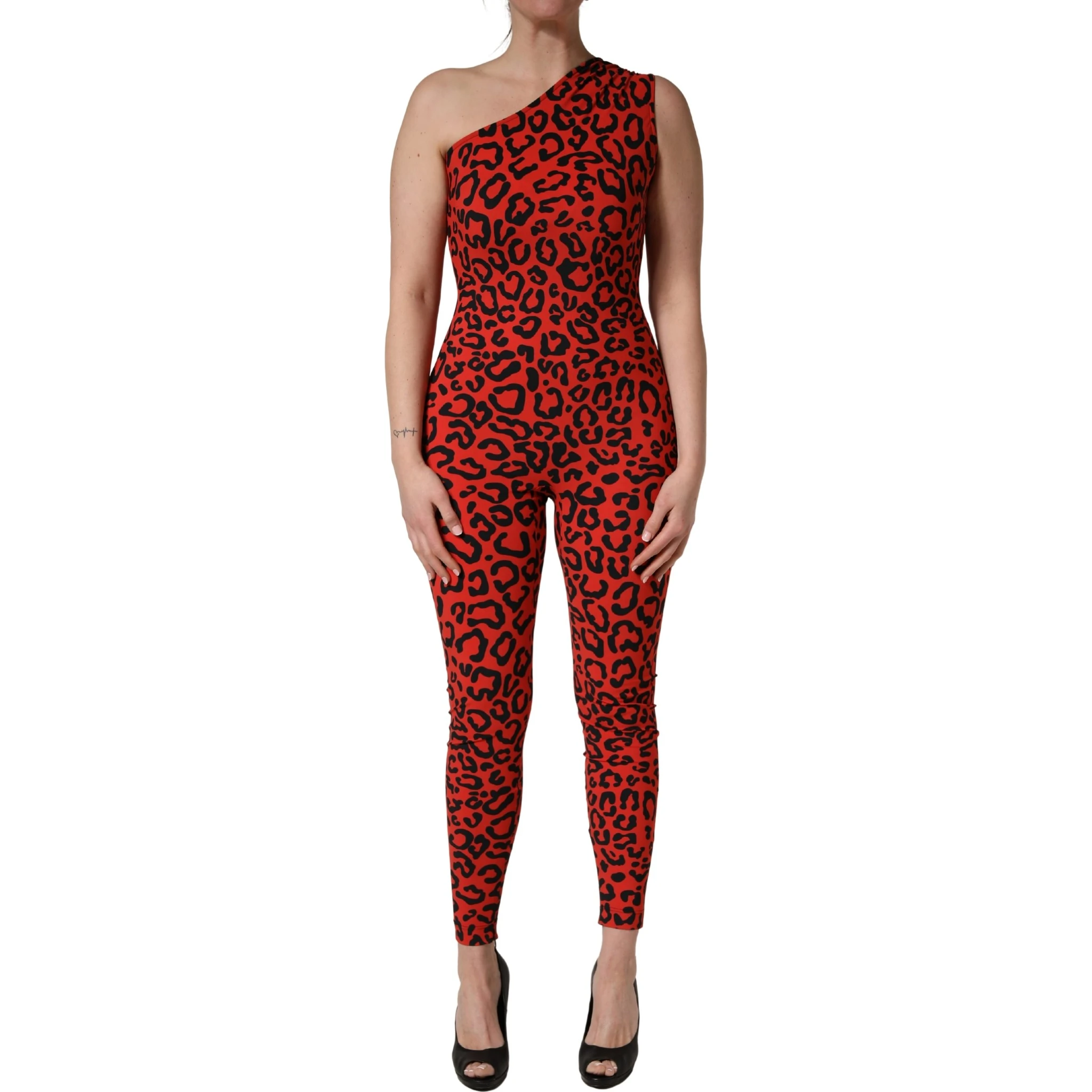 Black Red Nylon Leopard Pattern Jumpsuit