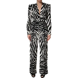 Black White Viscose Zebra Pattern Jumpsuit