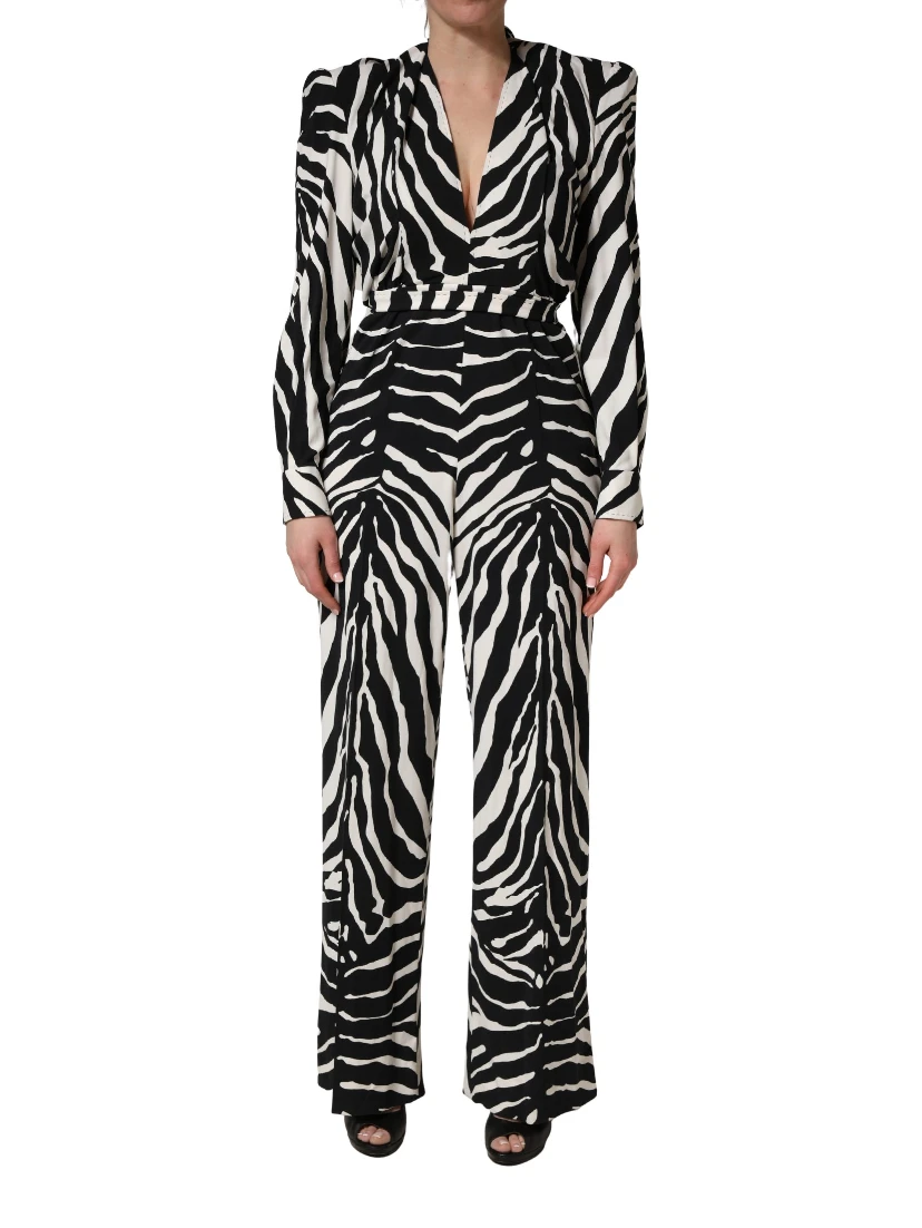 Black White Viscose Zebra Pattern Jumpsuit