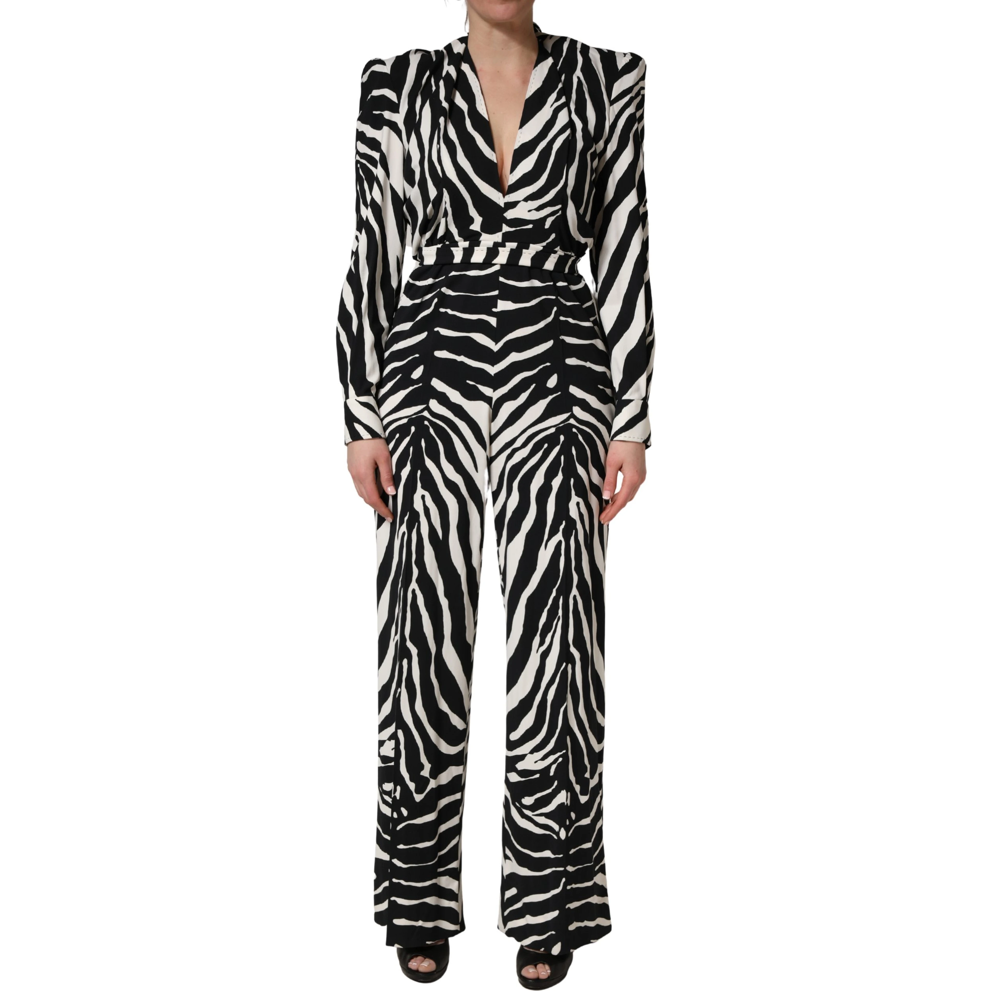 Black White Viscose Zebra Pattern Jumpsuit