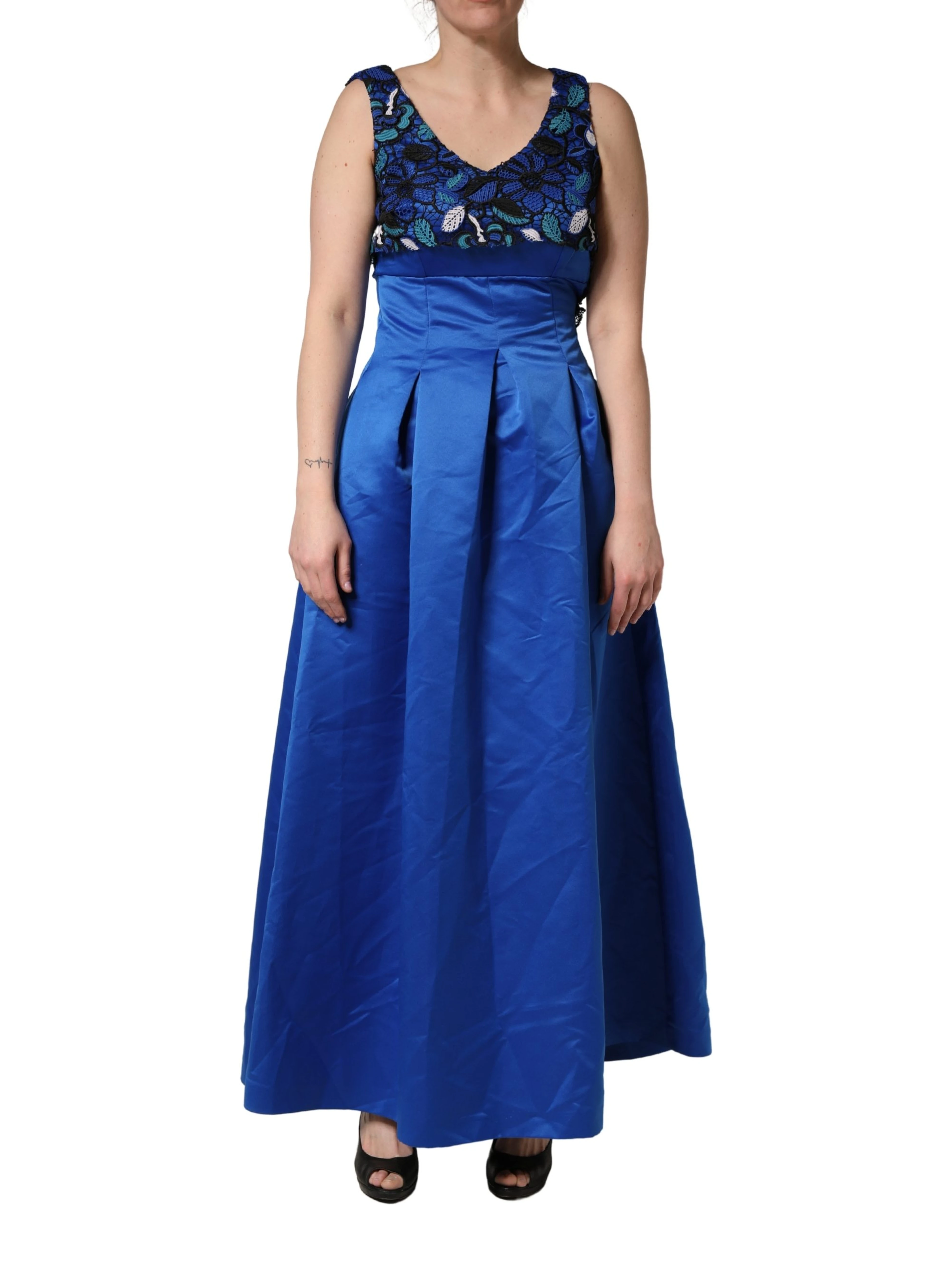 Royal Blue Floral Lace Sleeveless Long Gown Dress