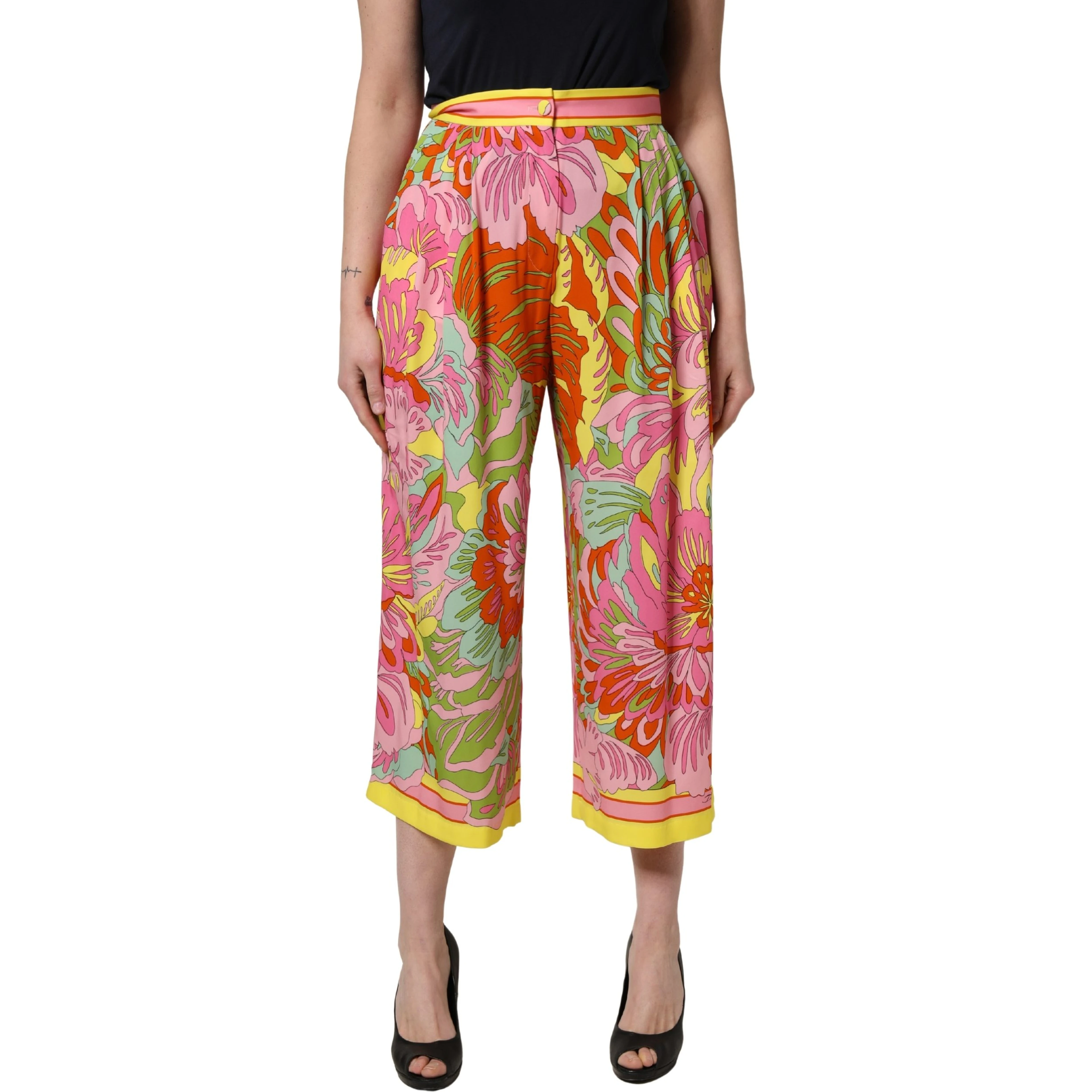 Multicolor FloralPrint Cropped Trouser Pants