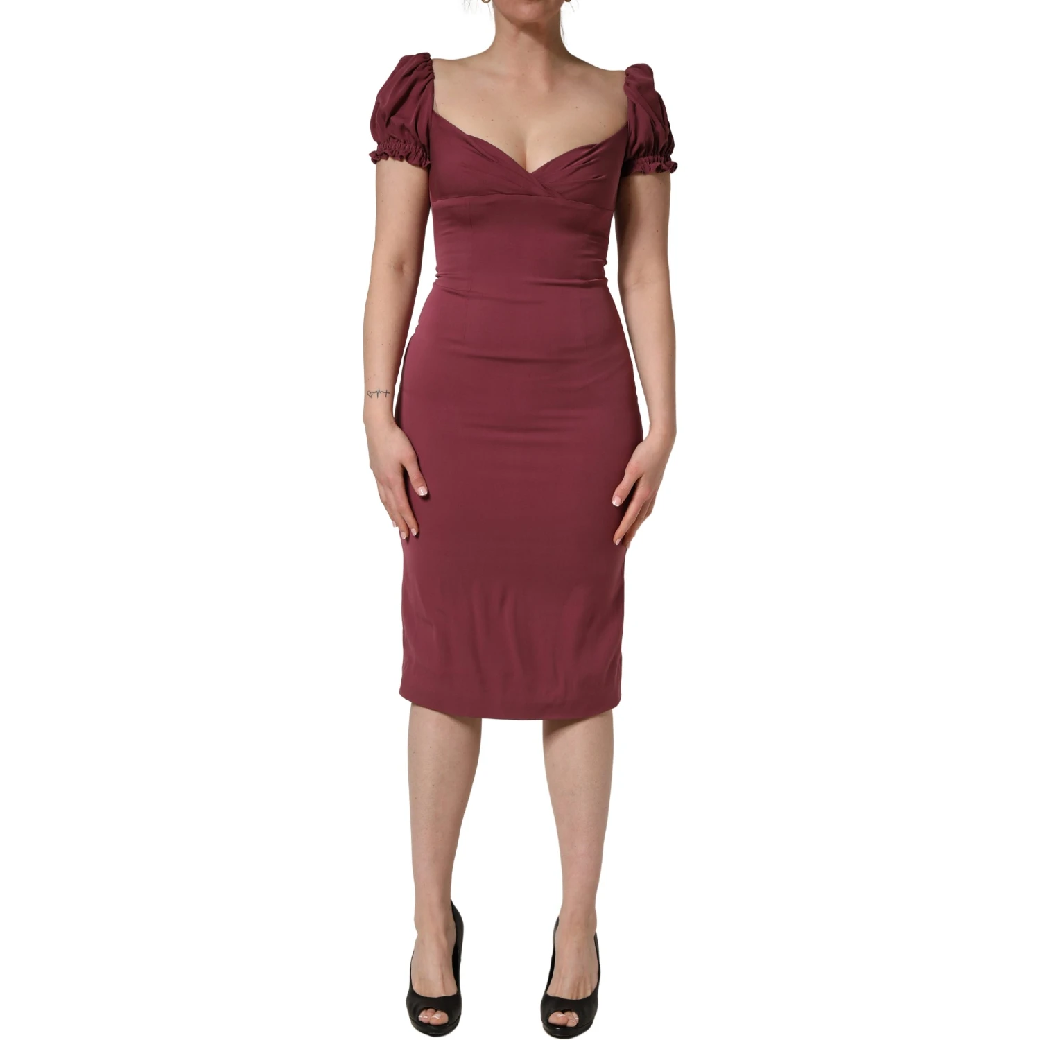 Maroon Silk Sweetheart Sheath Midi Dress
