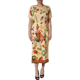 Beige Fruit PolkaDot Sheath Silk Midi Dress