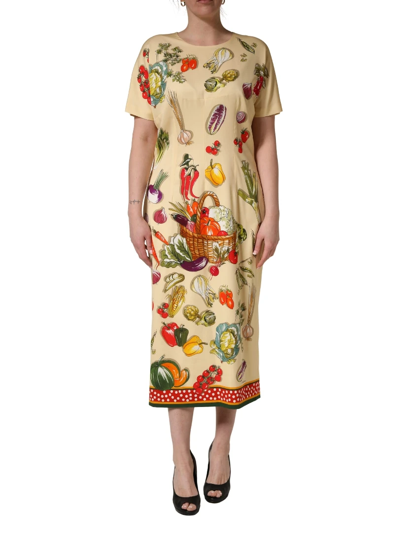 Beige Fruit PolkaDot Sheath Silk Midi Dress