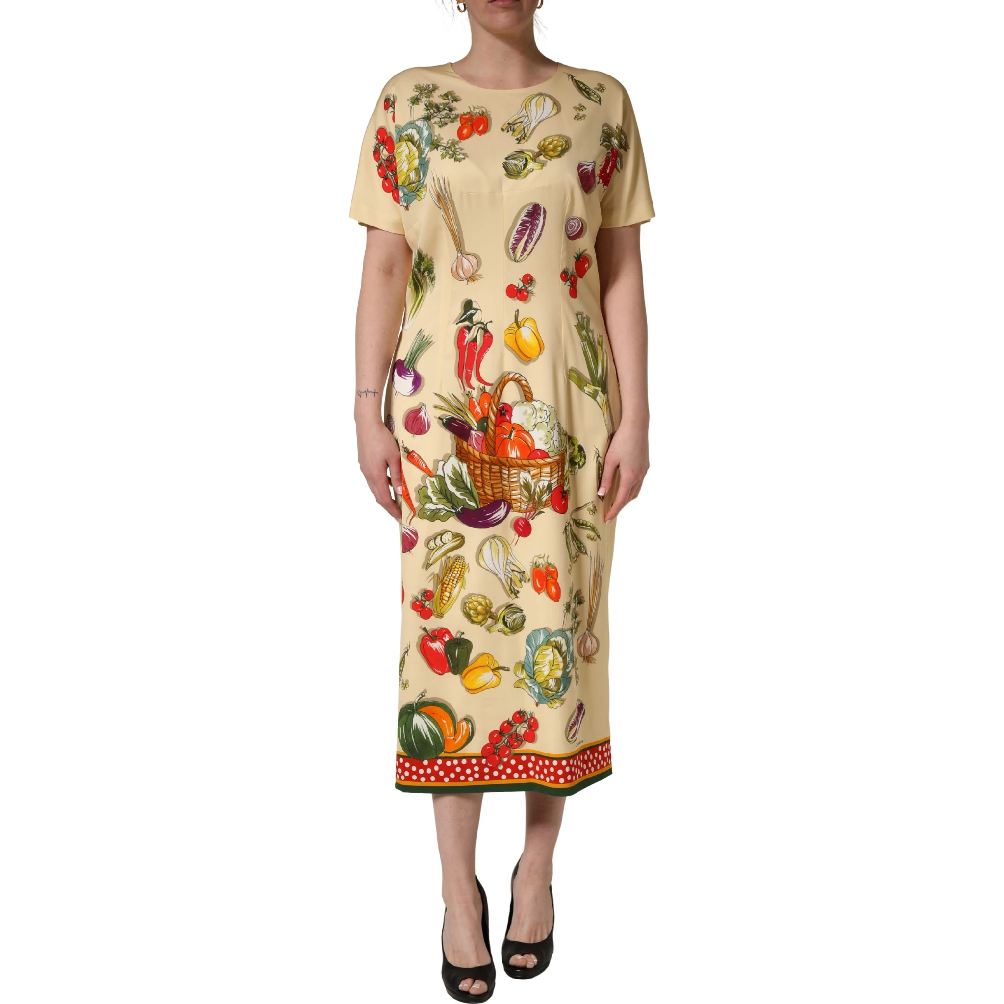 Beige Fruit PolkaDot Sheath Silk Midi Dress