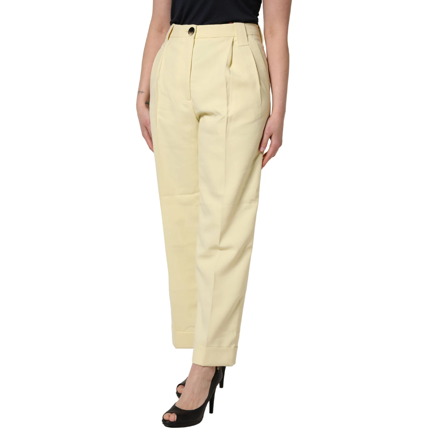 Yellow High Waisted Straight Pleated Trouser Pants