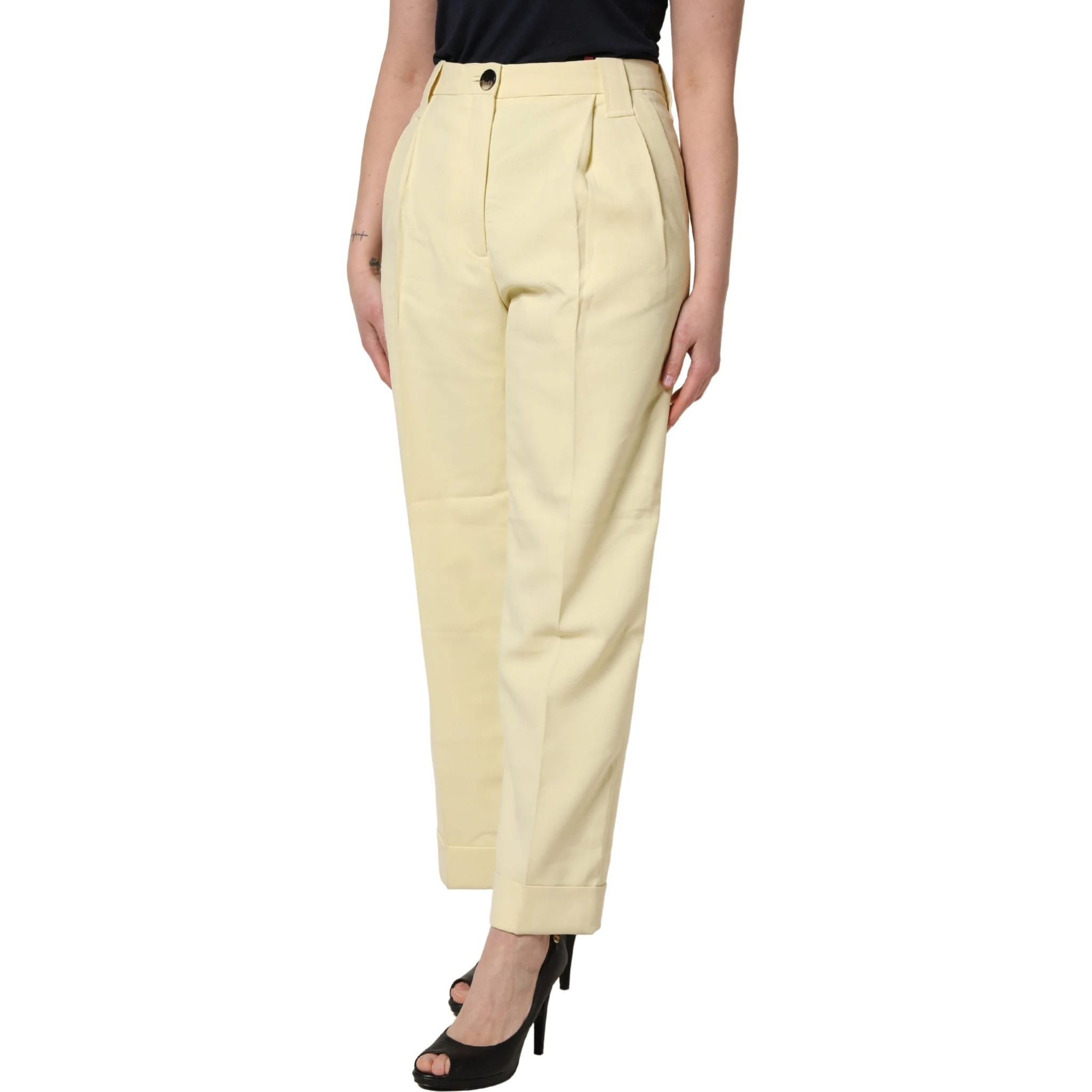 Yellow High Waisted Straight Pleated Trouser Pants