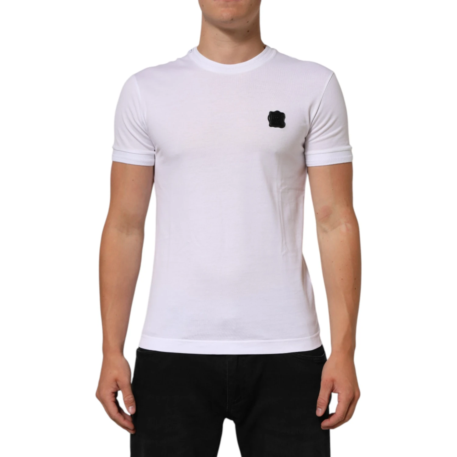 White Logo Patch Cotton Crew Neck T-shirt