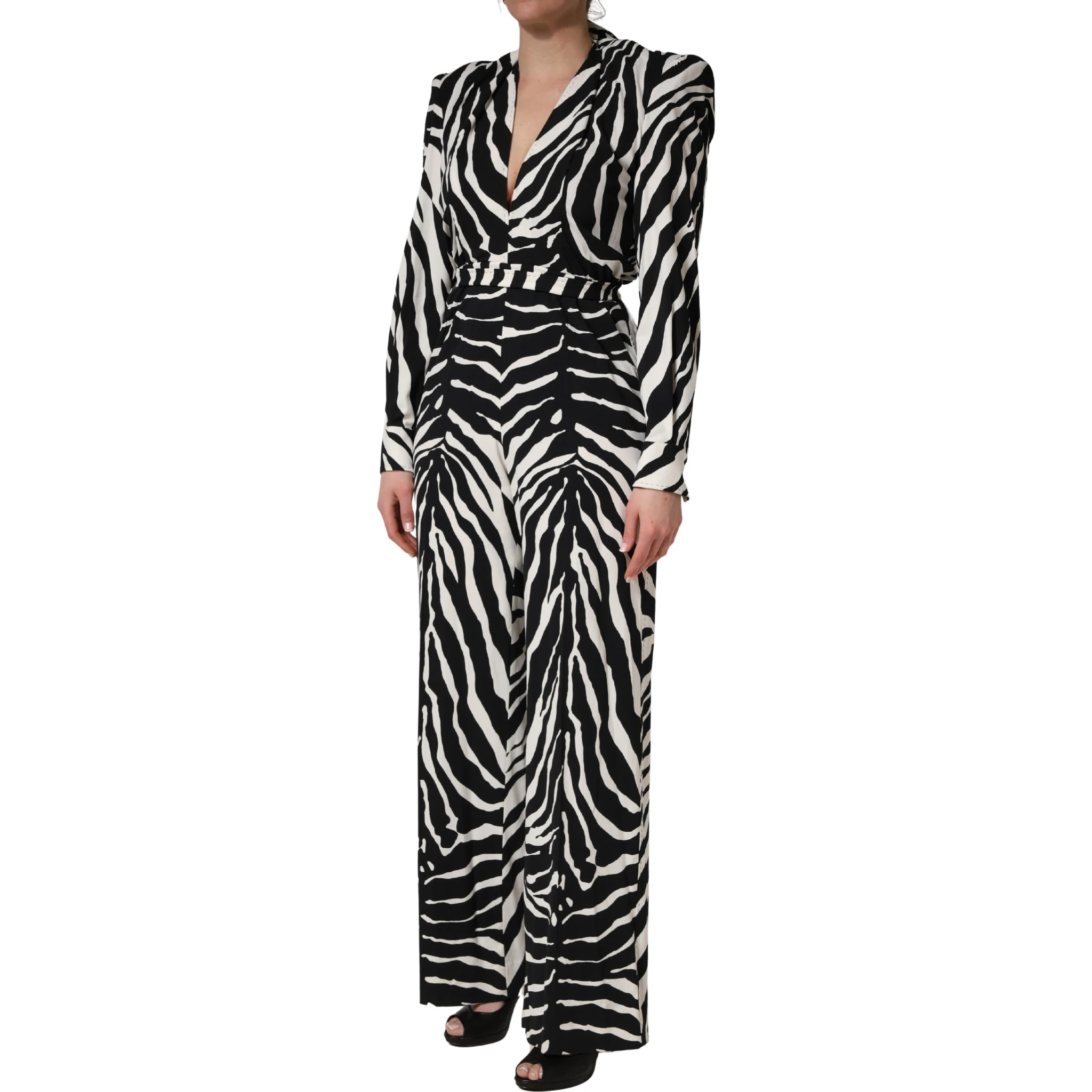 Black White Viscose Zebra Pattern Jumpsuit