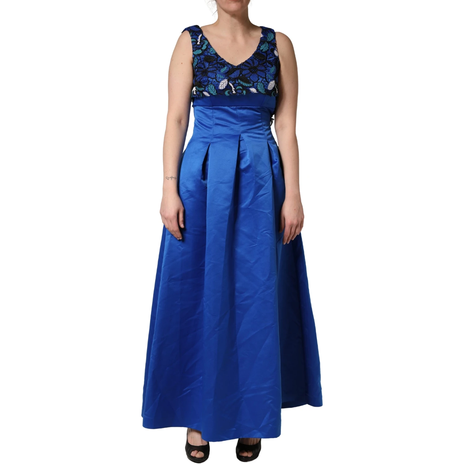 Royal Blue Floral Lace Sleeveless Long Gown Dress
