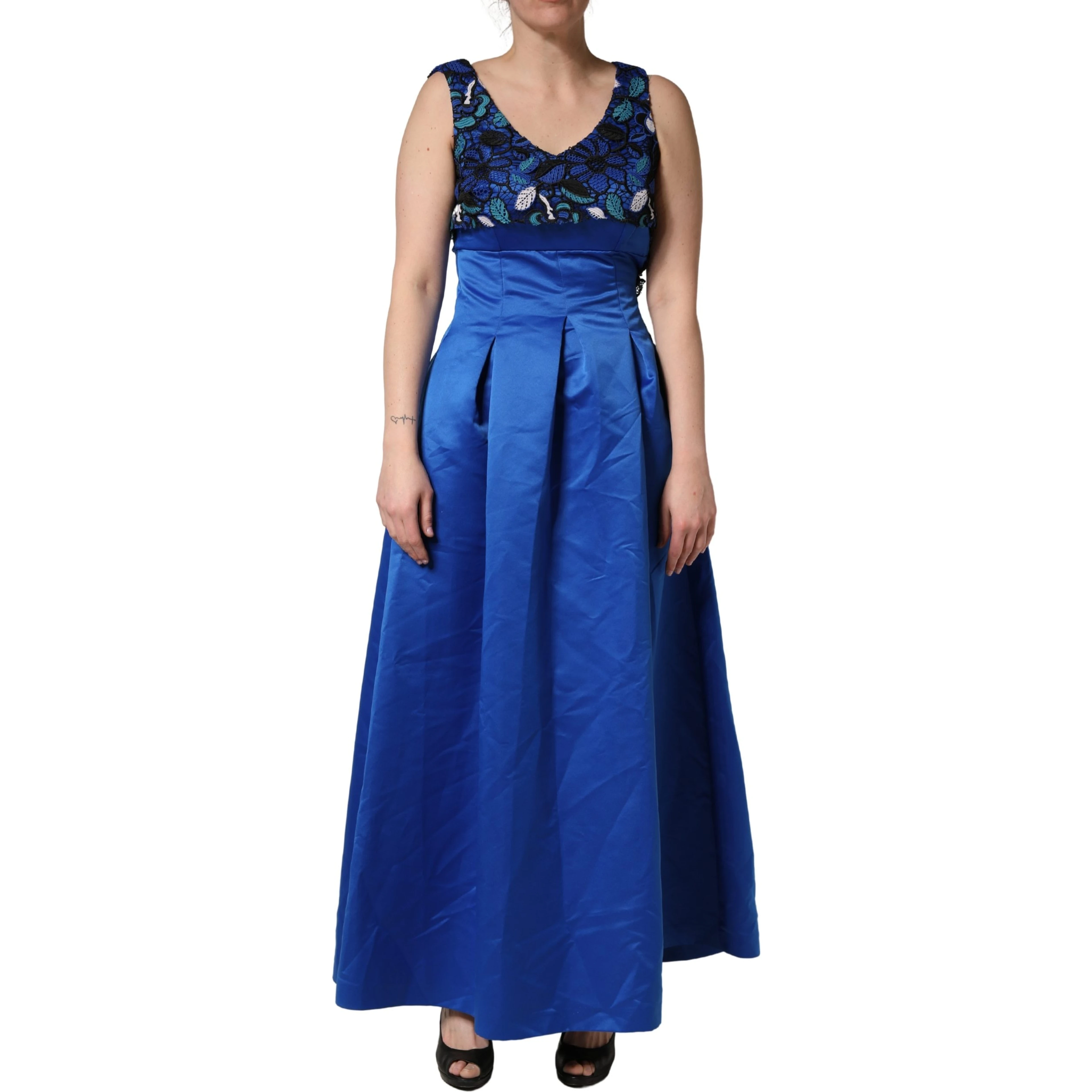 Royal Blue Floral Lace Sleeveless Long Gown Dress