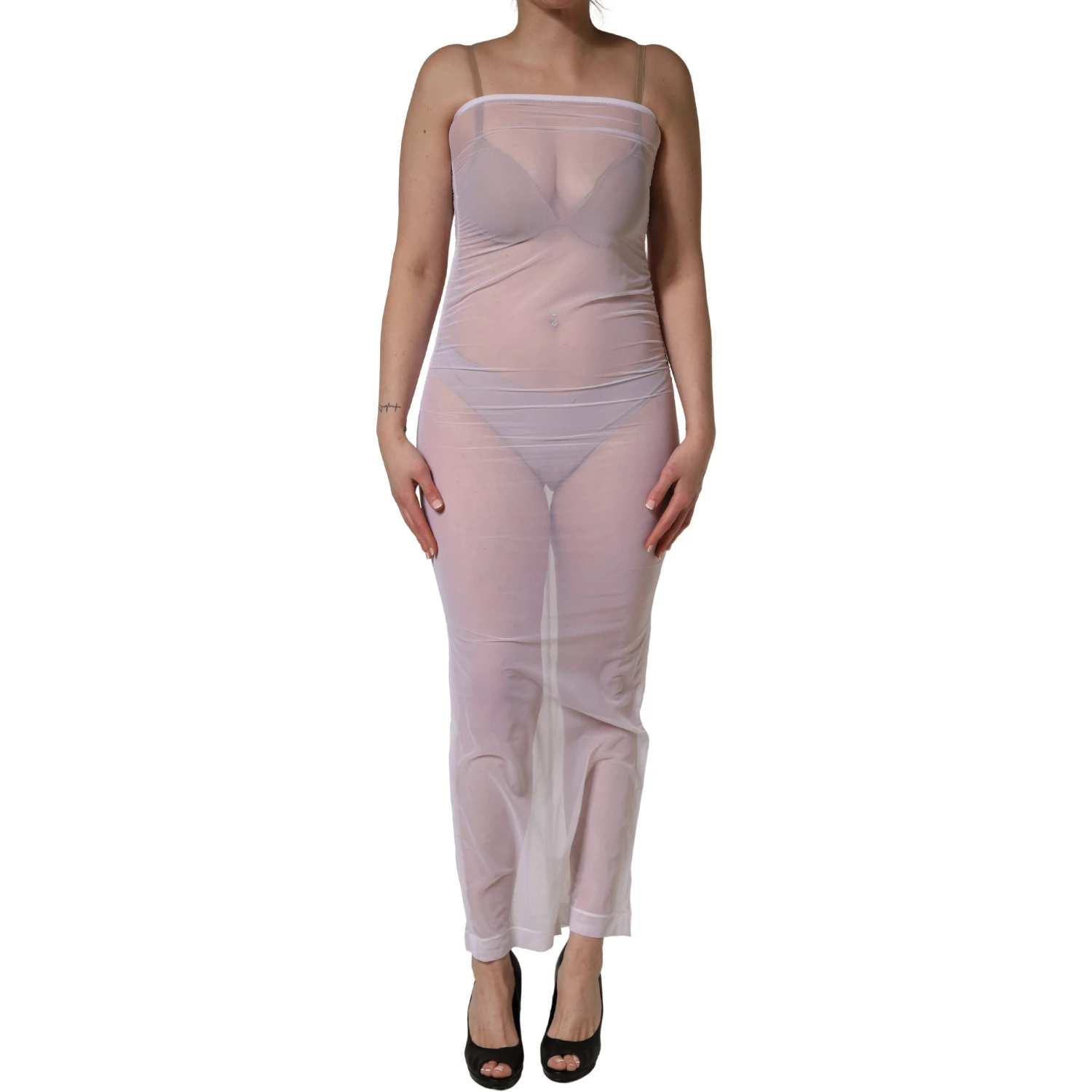 White Sheer Nylon Stretch Sheath Maxi Dress