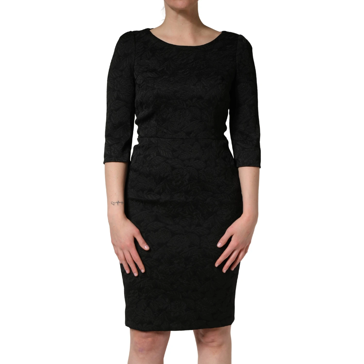 Black Floral Brocade Sheath Knee Length Dress