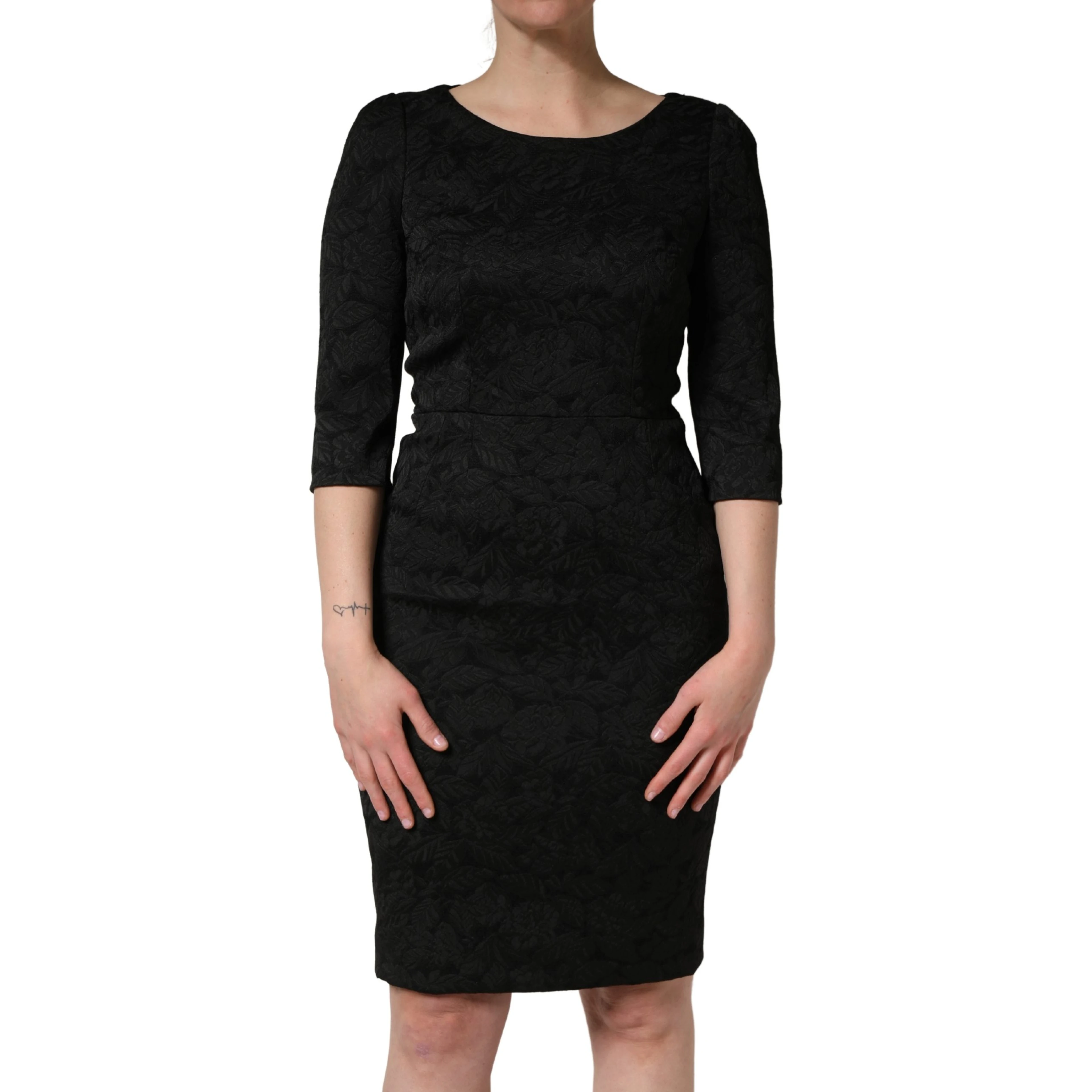 Black Floral Brocade Sheath Knee Length Dress