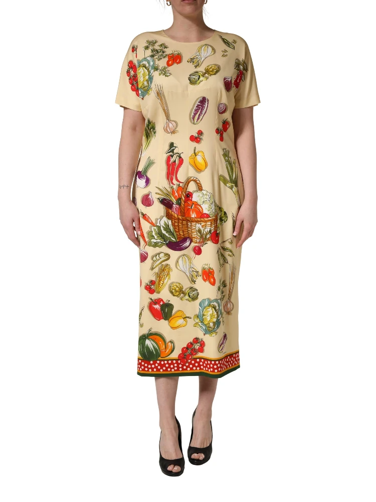 Beige Fruit PolkaDot Sheath Silk Midi Dress alternative