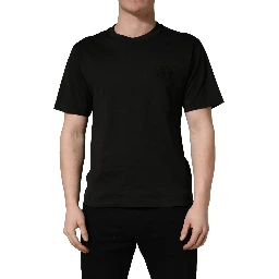 Black Cotton Short Sleeves Crew Neck  T-shirt