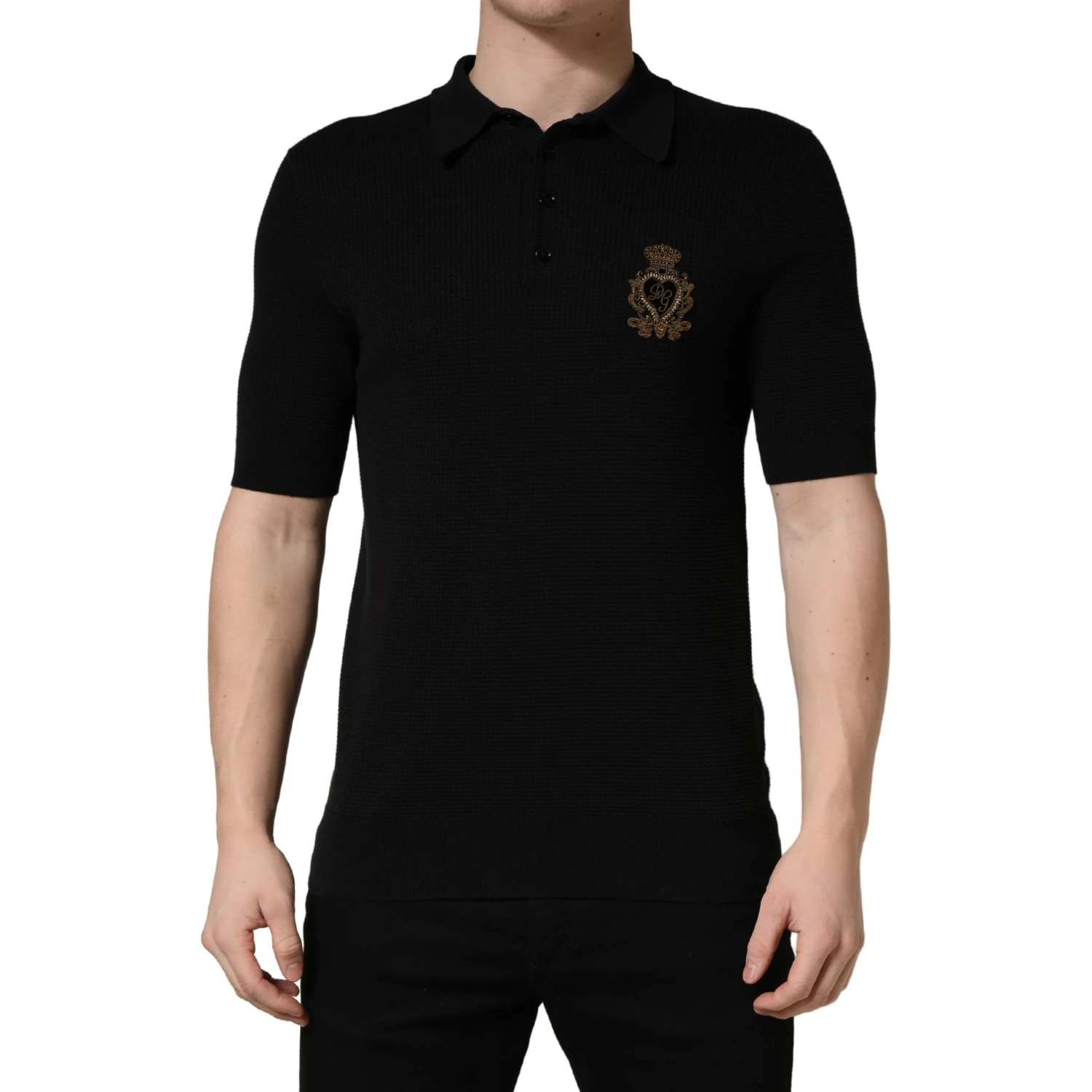 Black Heraldic Crest Patch Silk Polo T-shirt