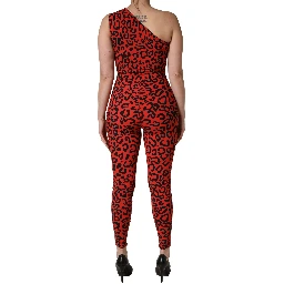 Black Red Nylon Leopard Pattern Jumpsuit
