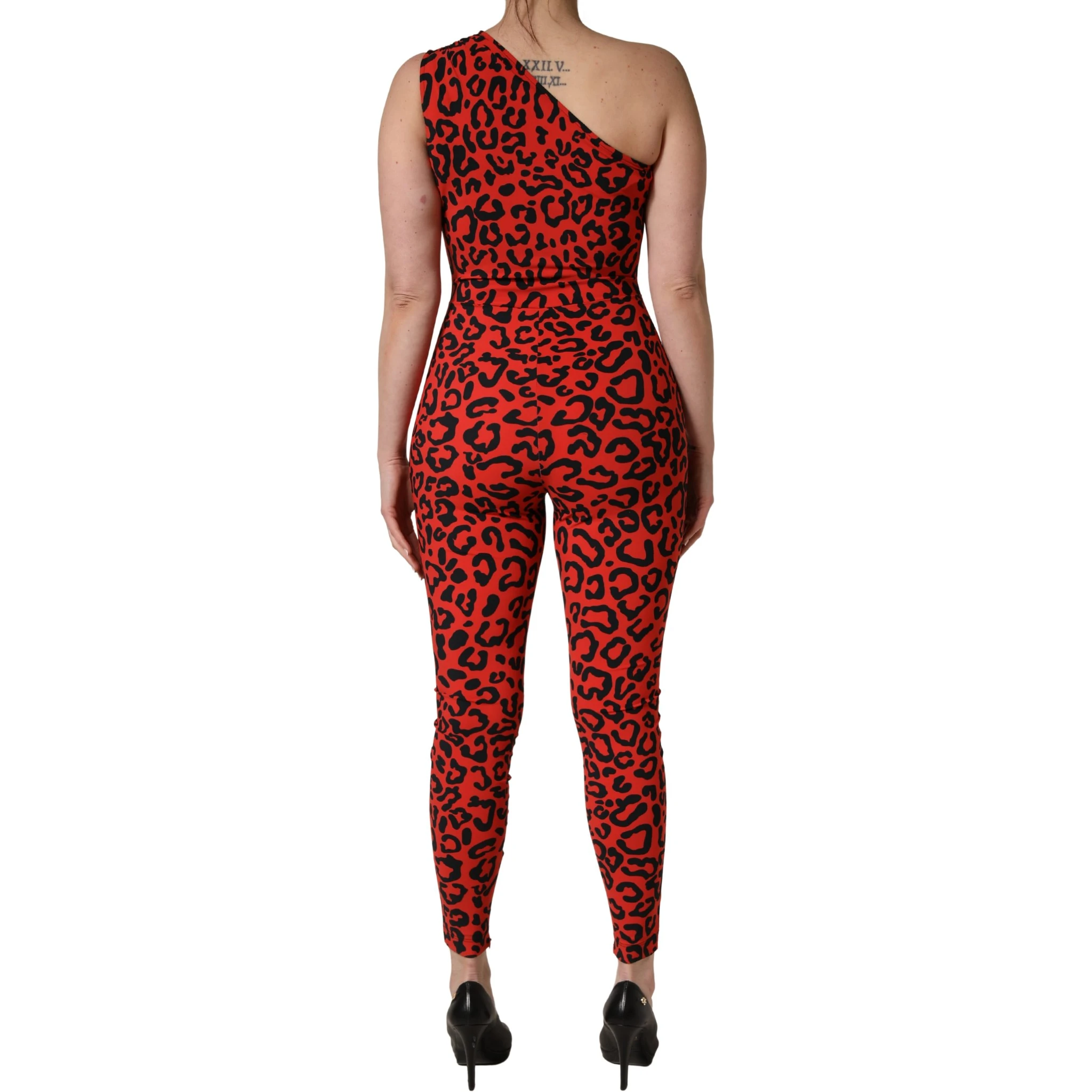 Black Red Nylon Leopard Pattern Jumpsuit