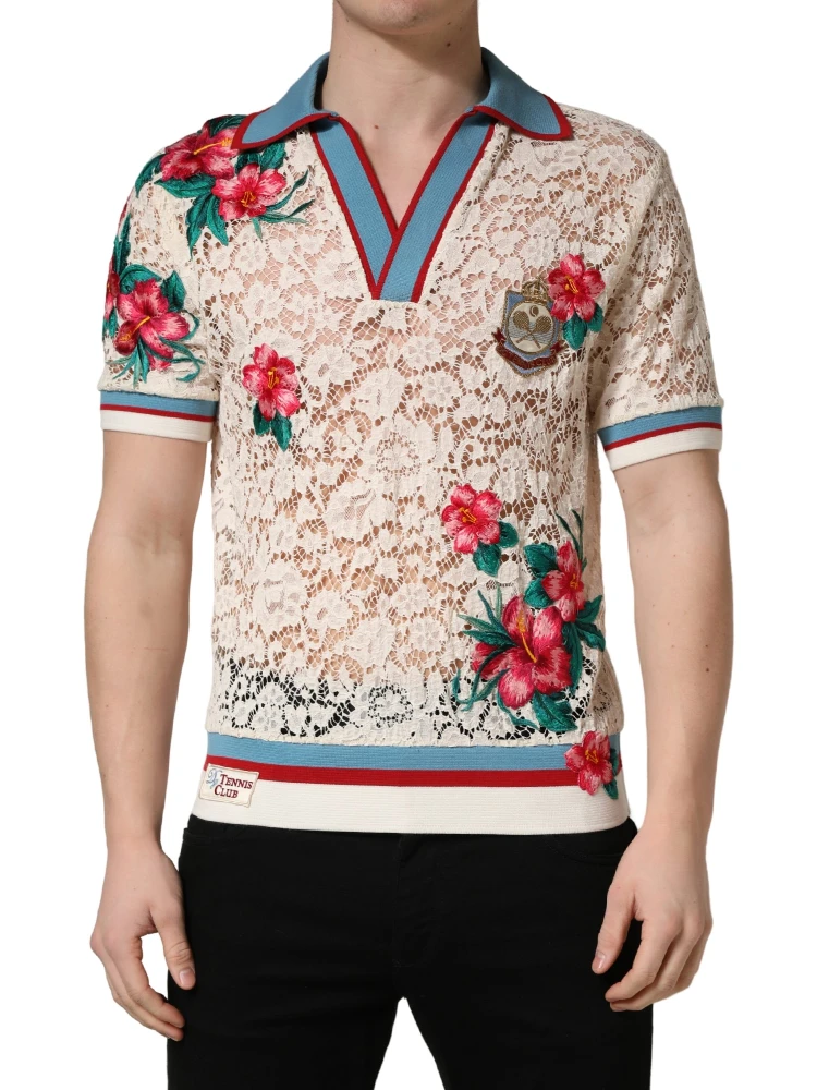 Beige Floral Tennis Club Lace Polo T-shirt