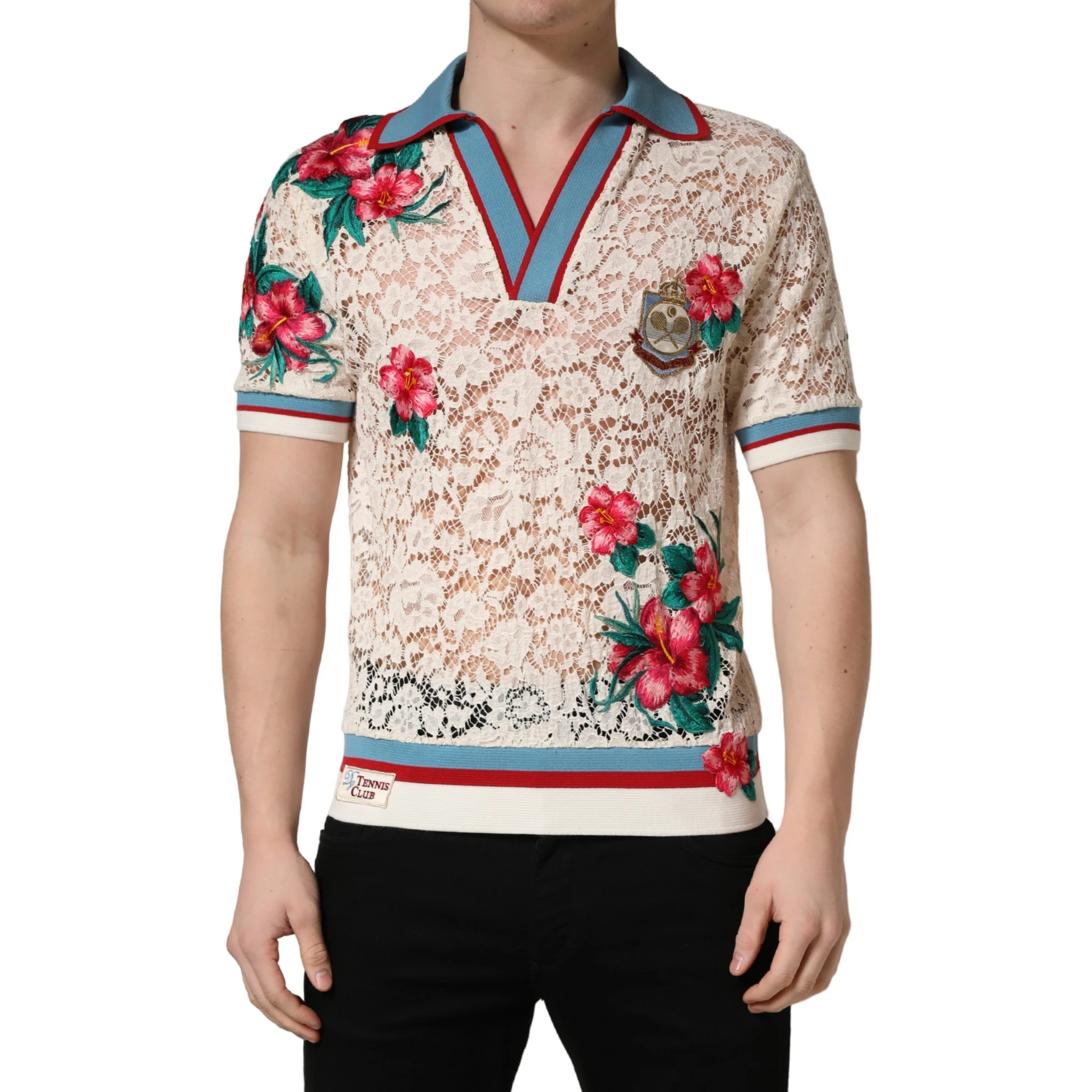 Beige Floral Tennis Club Lace Polo T-shirt