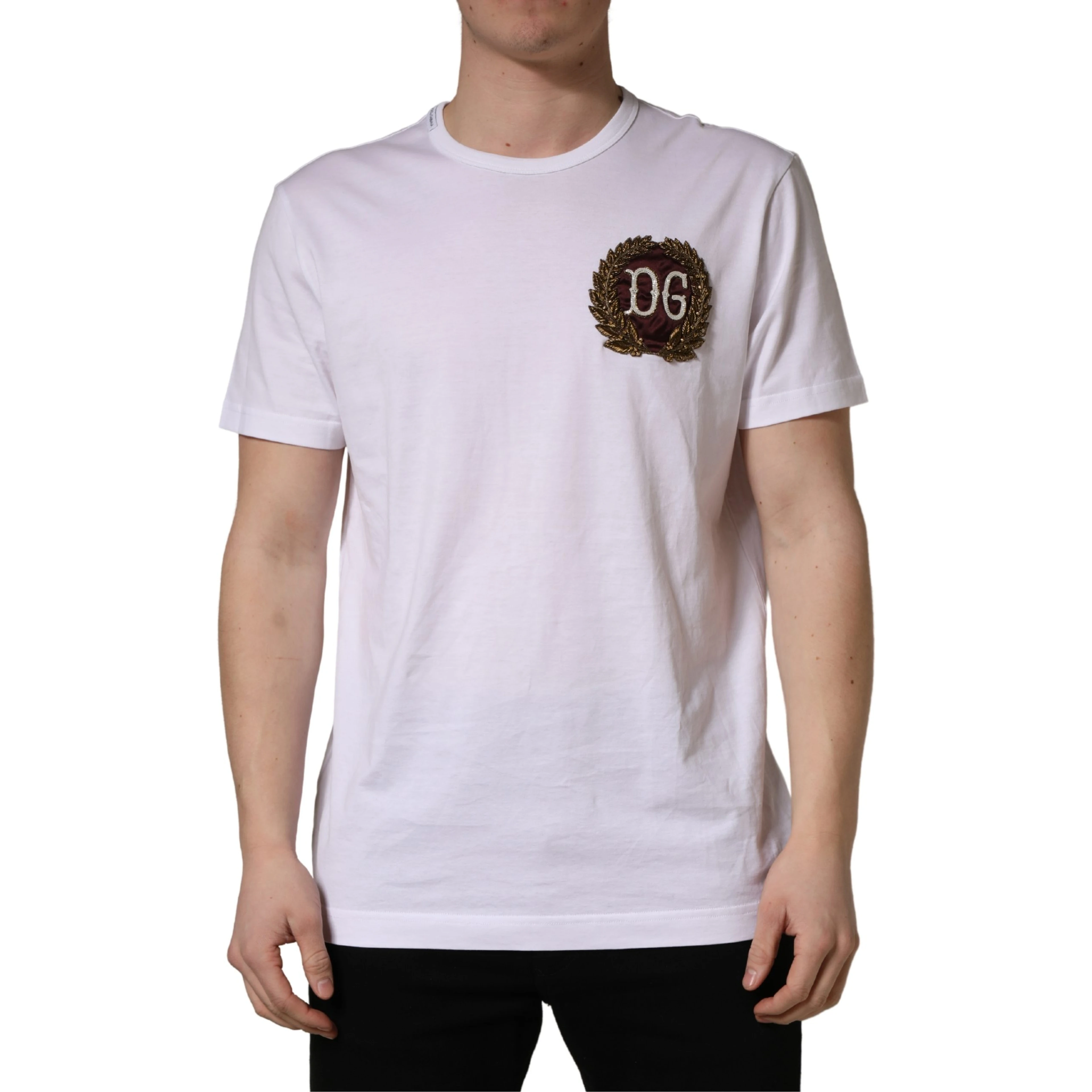 White DG Leaf Embroidery Crew Neck  T-shirt