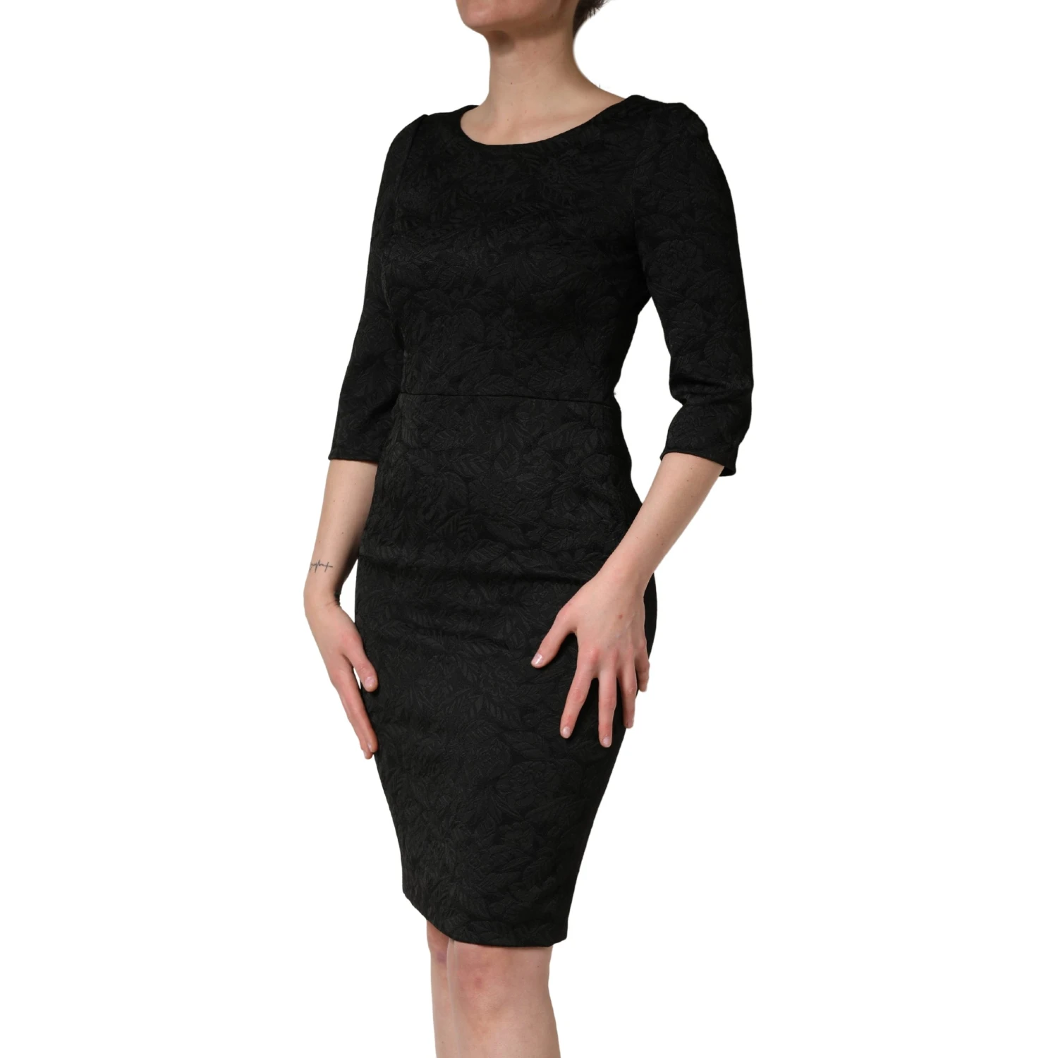 Black Floral Brocade Sheath Knee Length Dress