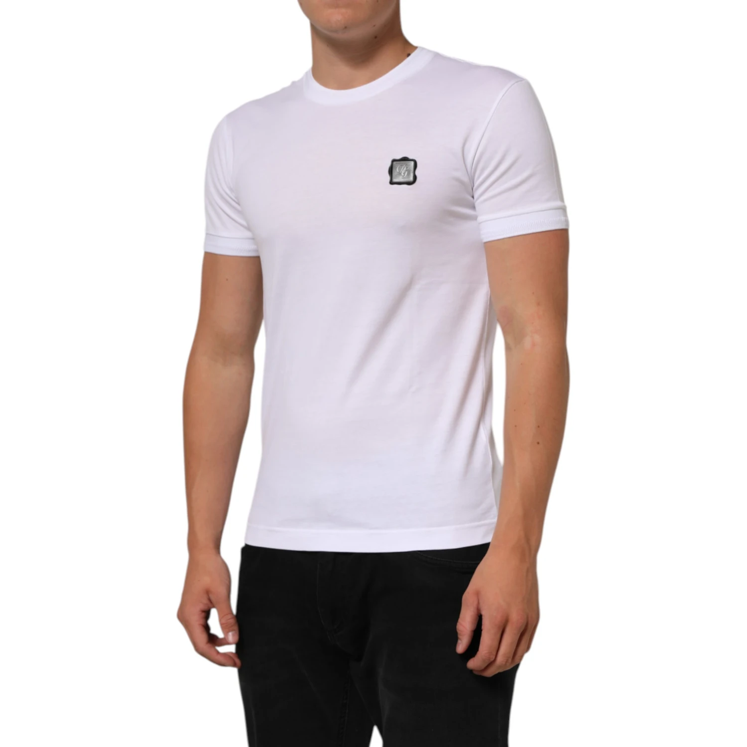 White Logo Patch Cotton Crew Neck T-shirt
